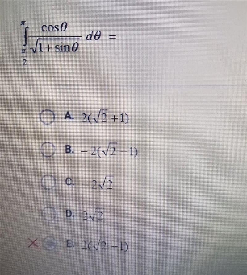 Evaluate the definite integral from pi/2 to put of cos theta/sqrt 1+ sin theta.​-example-1