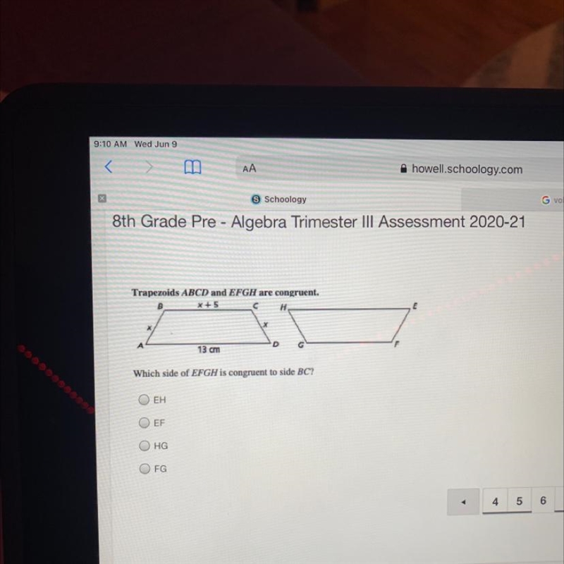 Trapezoids ABCD and EFGH are congruent.Which side of EFGH is congruent to side BC-example-1