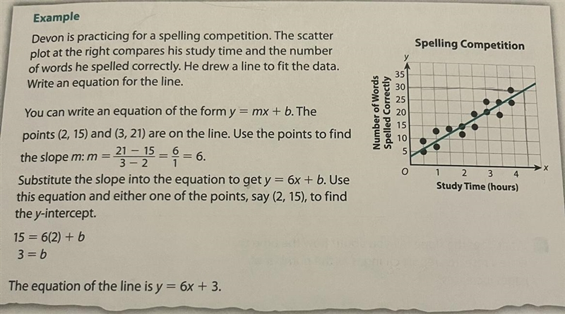 What do the slope and y-intercept mean as they relate to the study time and the number-example-1