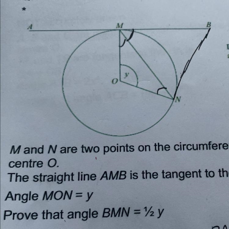 Mand N are two points on the circumference of a circle centre O. The straight line-example-1