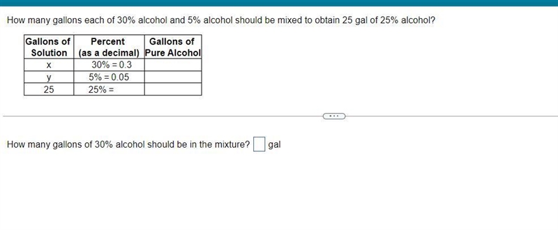 How many gallons each of 30% alcohol and 5% alcohol should be mixed to obtain 25gal-example-1