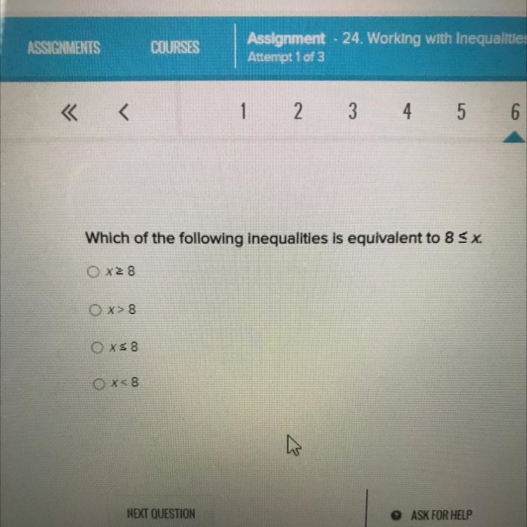 Which of the following inequalities is equivalent to 8< x.-example-1