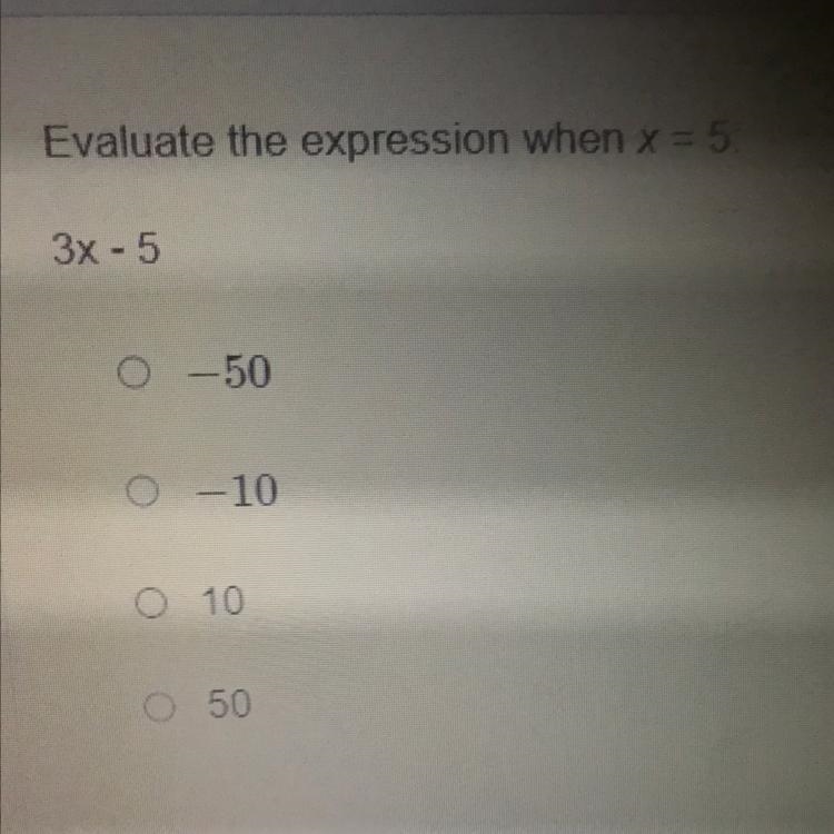 Pls help evaluate the expression when x=5: 3x-5-example-1