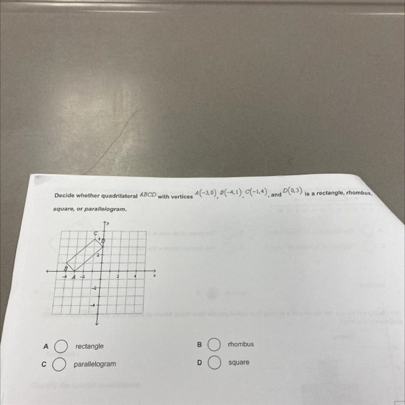 Decide whether quadrilateral ABCD with vertices 4(3,1), B(-1,-1) C(1,3), and D(5,5) is-example-1