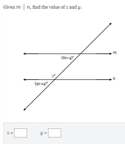 Given m∥n, find the value of x and y.-example-1