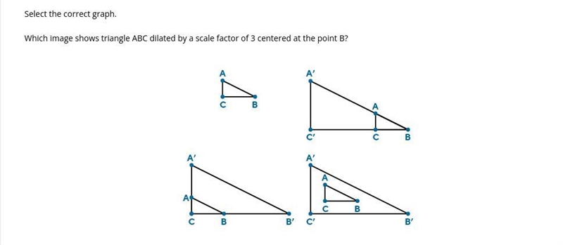 Which image shows triangle ABC dilated by a scale factor of 3 centered at the point-example-1