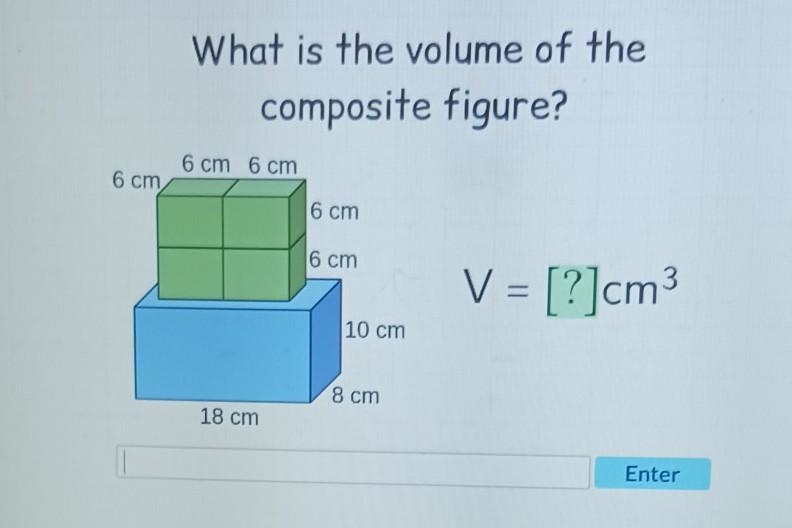 What is the volume of the composite figure? 6 cm 6 cm 18 cm 6 cm 6 cm 10 cm 8 cm V-example-1