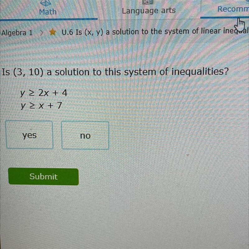 Is (3,10) a solution to this system of inequalities?-example-1