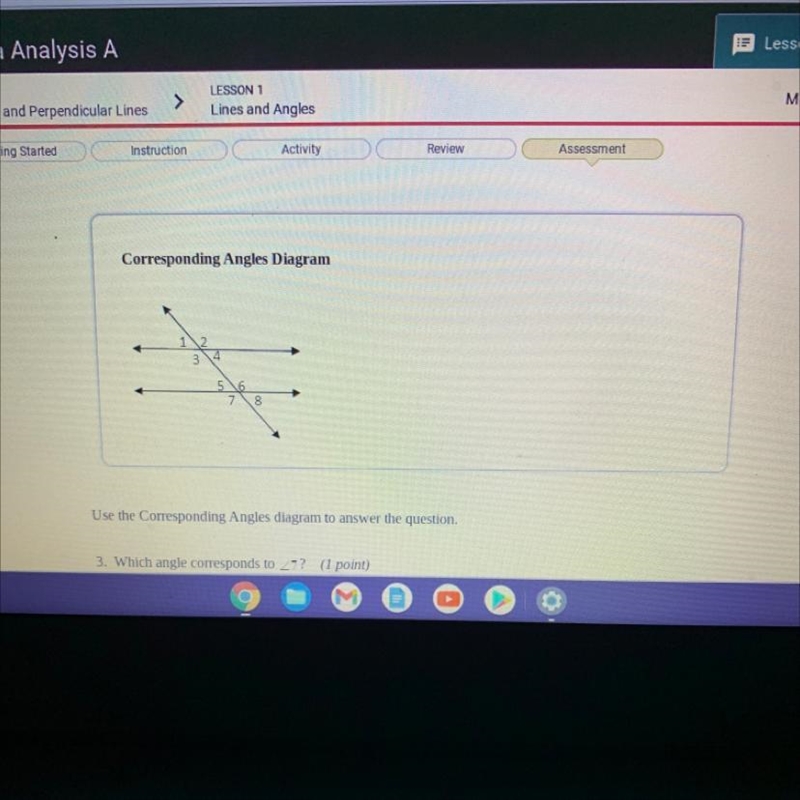 Use the Corresponding Angles diagram to answer the question. 3. Which angle corresponds-example-1