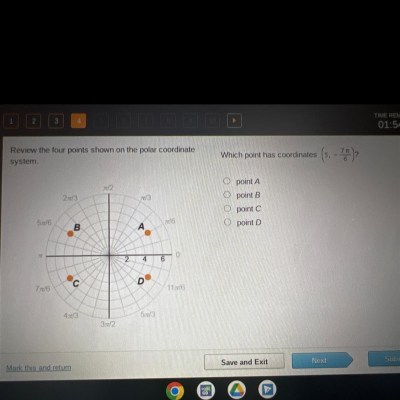 Which point has coordinates (5,-7pi/6)? Point A Point B Point C Point D-example-1