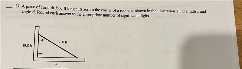 A piece of conduit 39.0 ft long cuts across the corner of a room, as shown in the-example-1