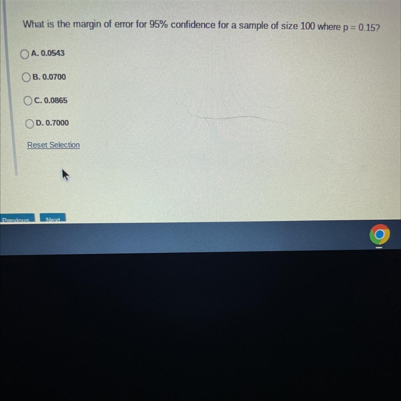 What is the margin of error for 95% confidence for a sample of size 100 where p = 0.15?-example-1