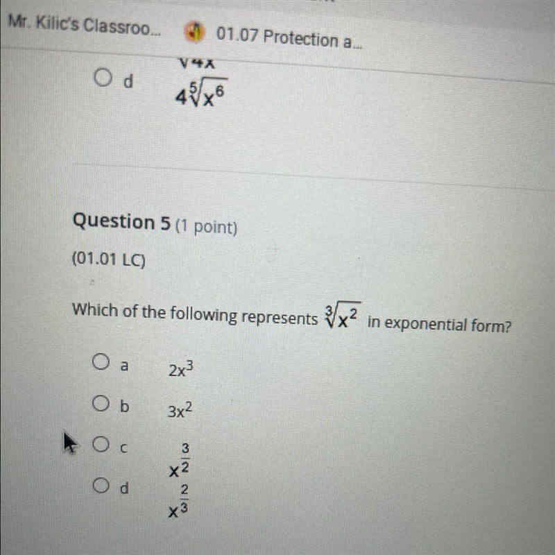 Which of the following represents 3 square root x^2 in exponential form?-example-1