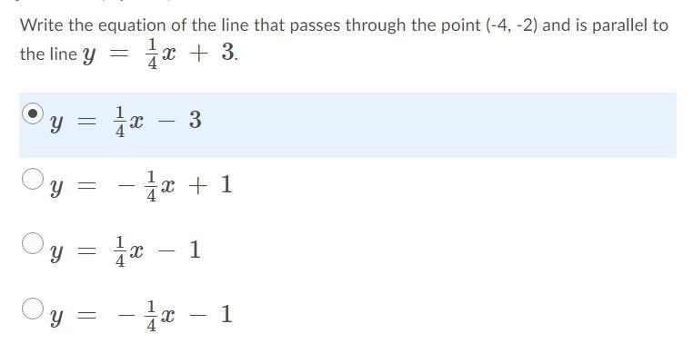 Write the equation of the line that passes through the point (-4, -2) and is parallel-example-1