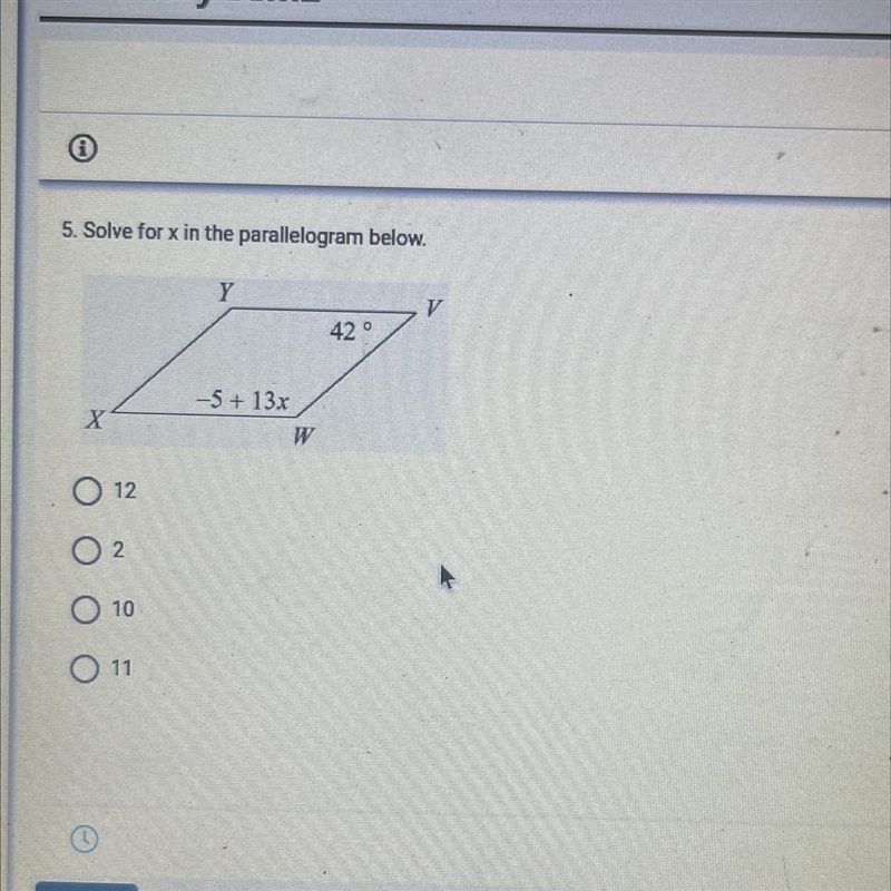 5. Solve for x in the parallelogram below.-example-1