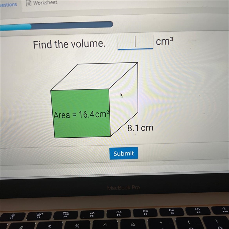 Find the volume. Area = 16.4 cm² 8.1 cm cm³-example-1