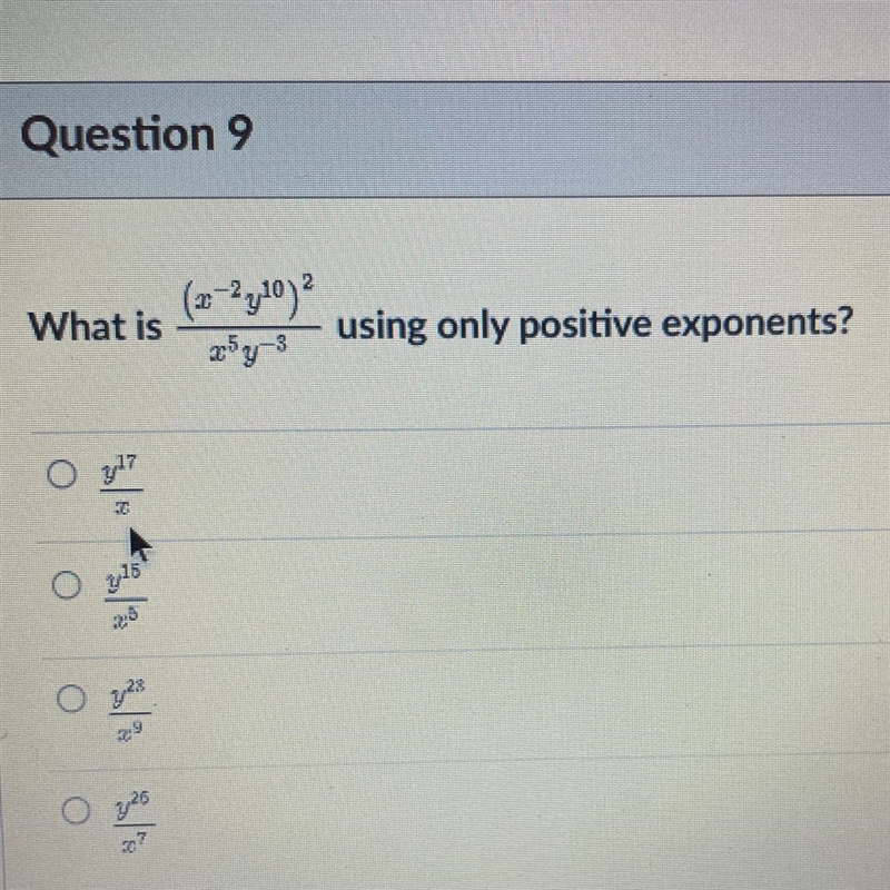 What is (x^-2 y^10)^2/x^5 y^-3 using only positive exponents-example-1