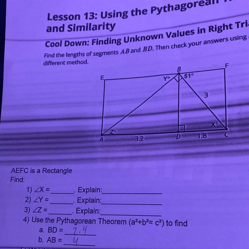 AEFC is a Rectangle Find: 1) ZX= 2) ZY = 3) ZZ = Explain: Explain: Explain:-example-1