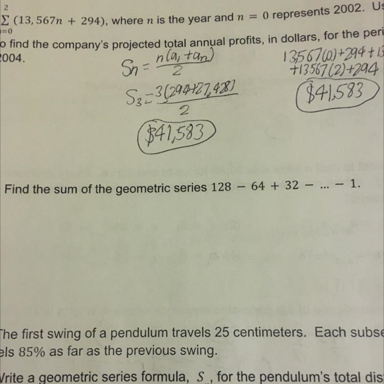 Find the sum of the geometric series 128 - 64 + 32 – ... - 1.-example-1