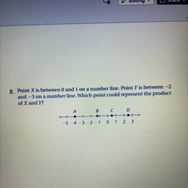 Point X between 0 and 1 on a number line. Point Y is between -2 and -3 on a number-example-1