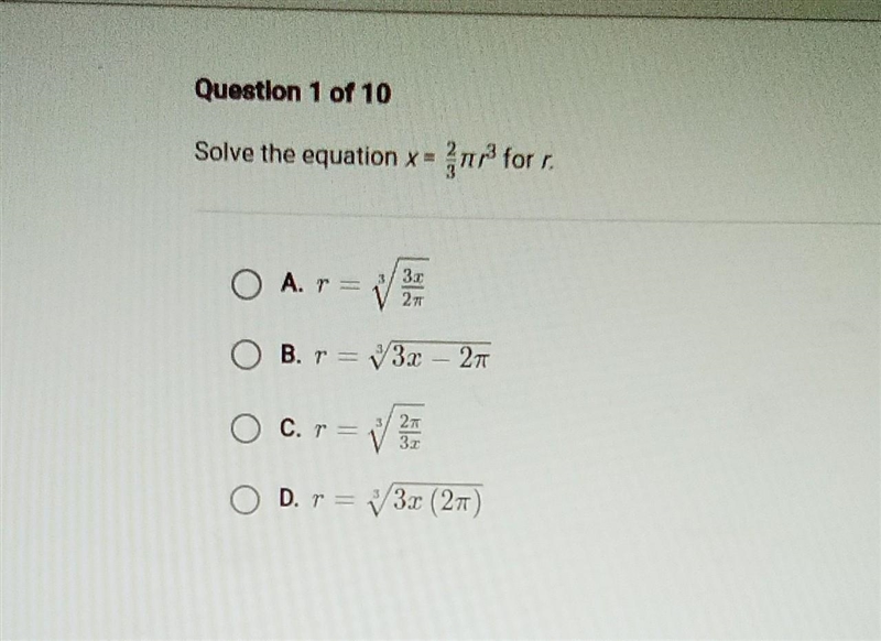 Solve the equation x = 2/3 π r-3​-example-1