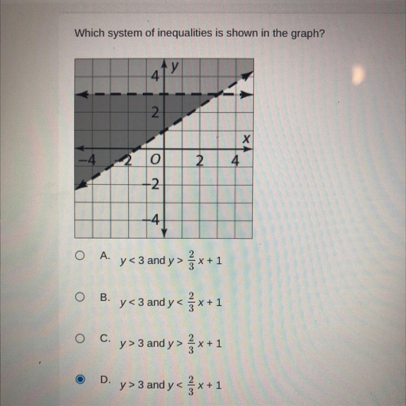 Which system of inequalities is shown in the graph? y<3 and y>2/3x+1 y<3 and-example-1