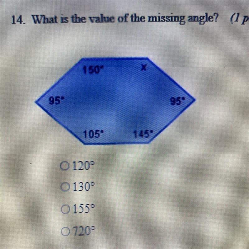 What is the value of the missing angle? 150* 95 95 105 145 0120° O 1300 O 1550 0720-example-1