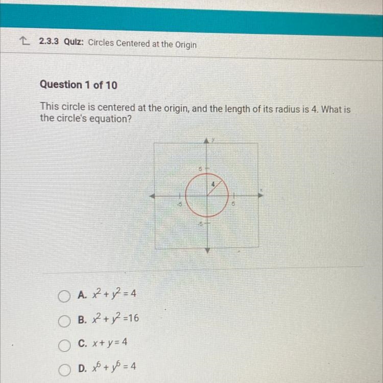 This circle is centered at the origin, and the length of its radius is 4. What is-example-1