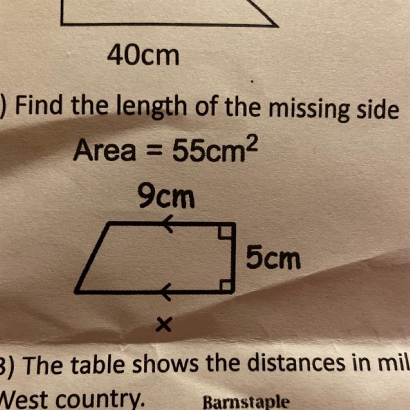 Find the length of the missing side Area = 55cm² 9cm X 5cm-example-1