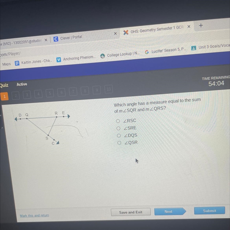 D Q RE S с Which angle has a measure equal to the sum of m-example-1