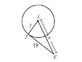 If the line segment JK is tangent to circle L, find x.-example-1