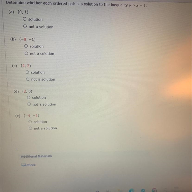 Each ordered pair is a solution to the inequality y>x-1-example-1