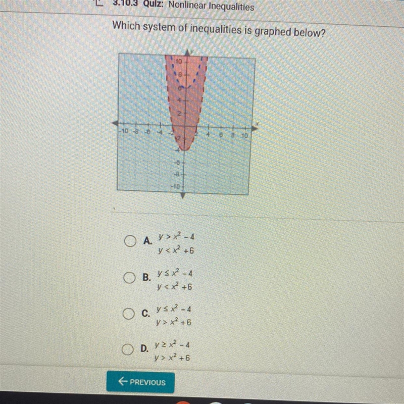 Which system of inequalities is graphed below.-example-1