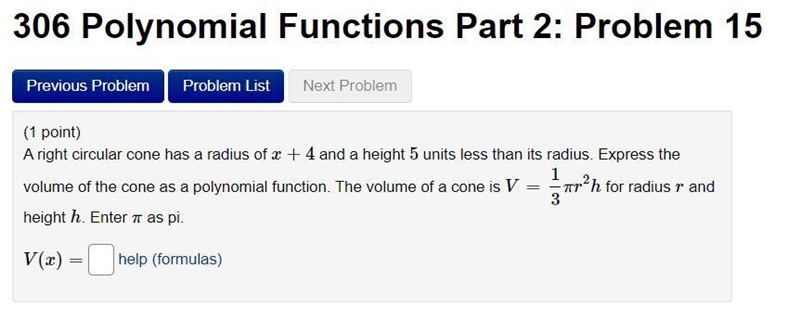 A right circular cone has a radius of x+4 and a height 5 units less than its radius-example-1