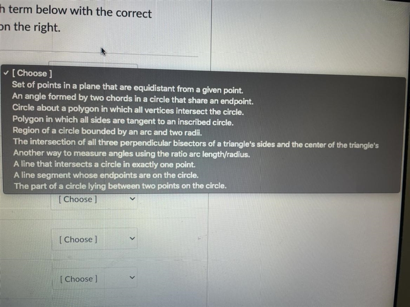 Question is down below Match definition to the terms below Circle Sector Tangent Radians-example-1