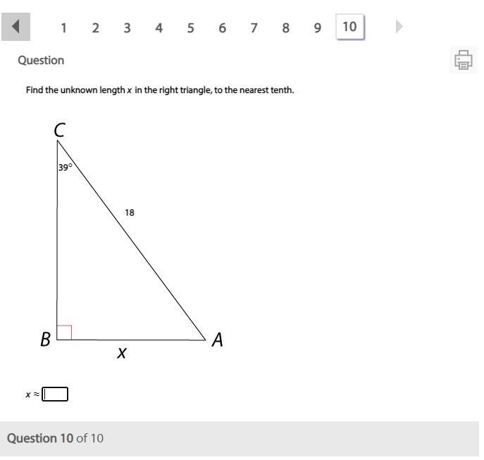 Find the unknown length x in the right triangle, to the nearest tenth.-example-1