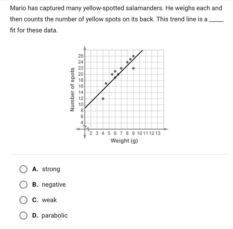 Mario has captured many yellow spotted slalmaders. He weighs each and then counts-example-1