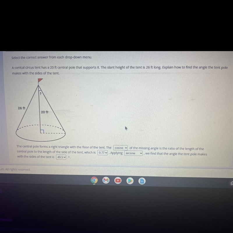 Explain how to find the angle the tent pole makes with the sides of the tent.-example-1