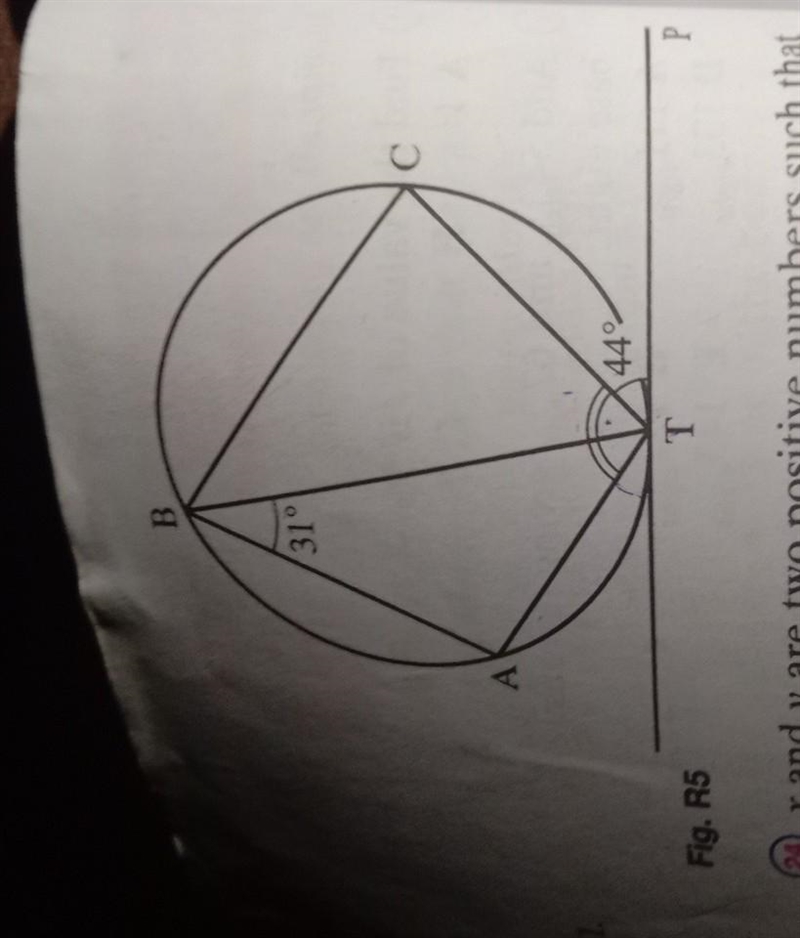 In Fig R5, PT is a tangent to a circle ABCT. Find ATC​-example-1