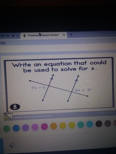 Write an equation that could be used to solve for x. 7% – 5 6x + 10 8 See where to-example-1