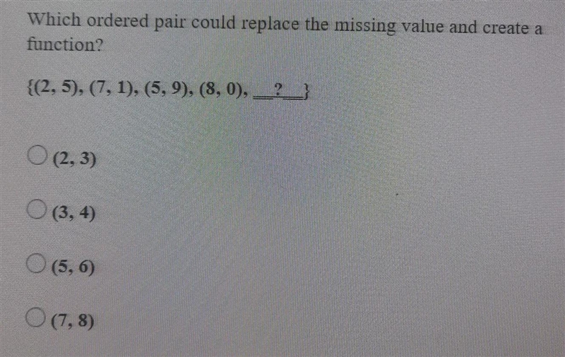 Which ordered pair could replace the missing value and create a function?-example-1