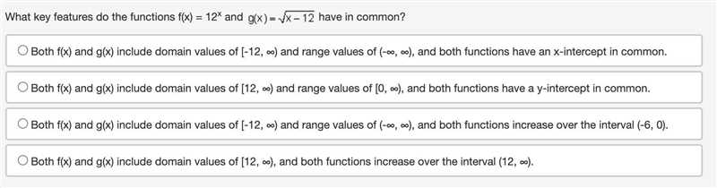 What key features do the functions f(x) = 12x and g of x equals the square root of-example-1