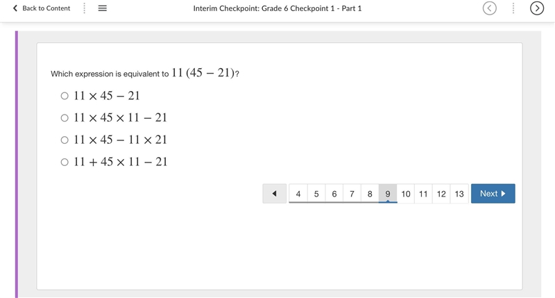 Which expression is equivalent to 11(45−21)?-example-1