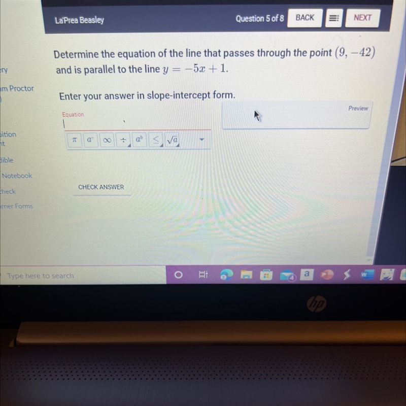 -Determine the equation of the line that passes through the point (9, -42)and is parallel-example-1