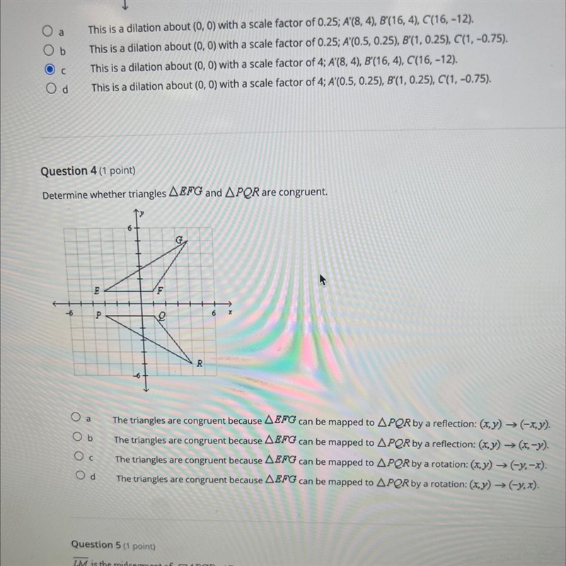 Determine whether triangles EFG and PQR are congruent Plsss help-example-1