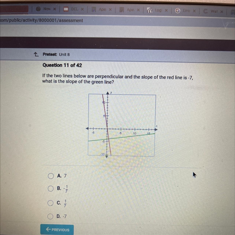 If the two lines below are perpendicular and the slope of the red line is 7, what-example-1