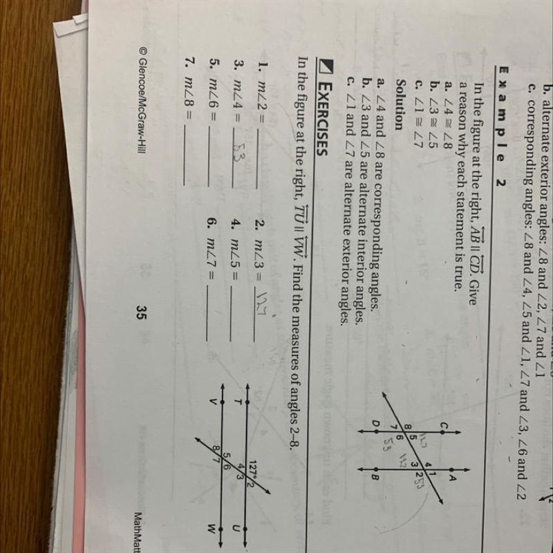 In the figure at the right, TU || VW. Find the measures of angles 2-8 Questions 1, 4, 5, 6, 7-example-1