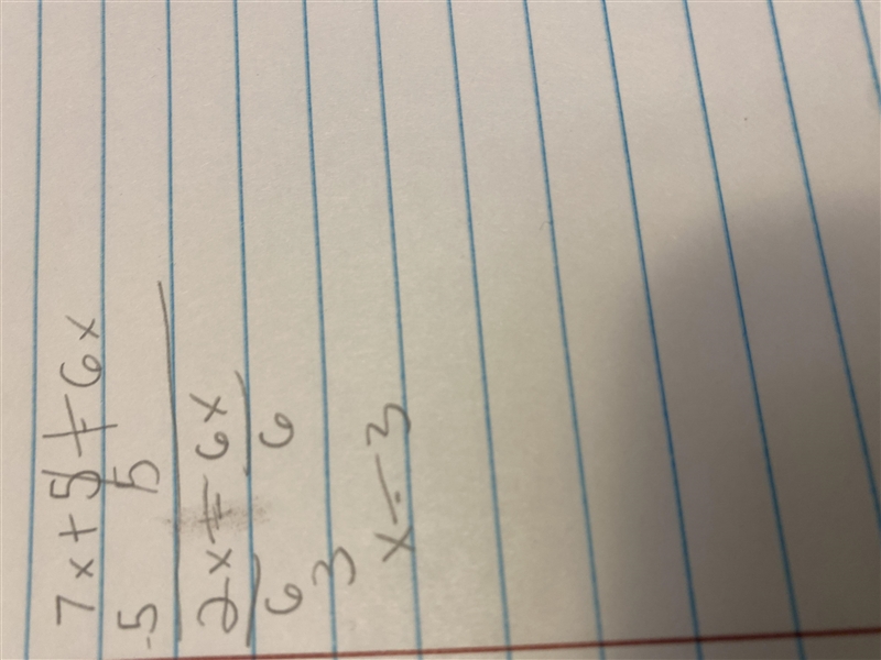 What did I do wrong ? Question is 7x + 5 = 6x-example-1