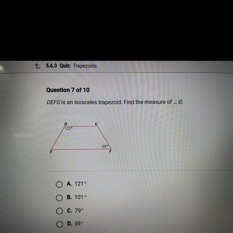 DEFG is an isosceles trapezoid. Find the measure of ≤ G.-example-1