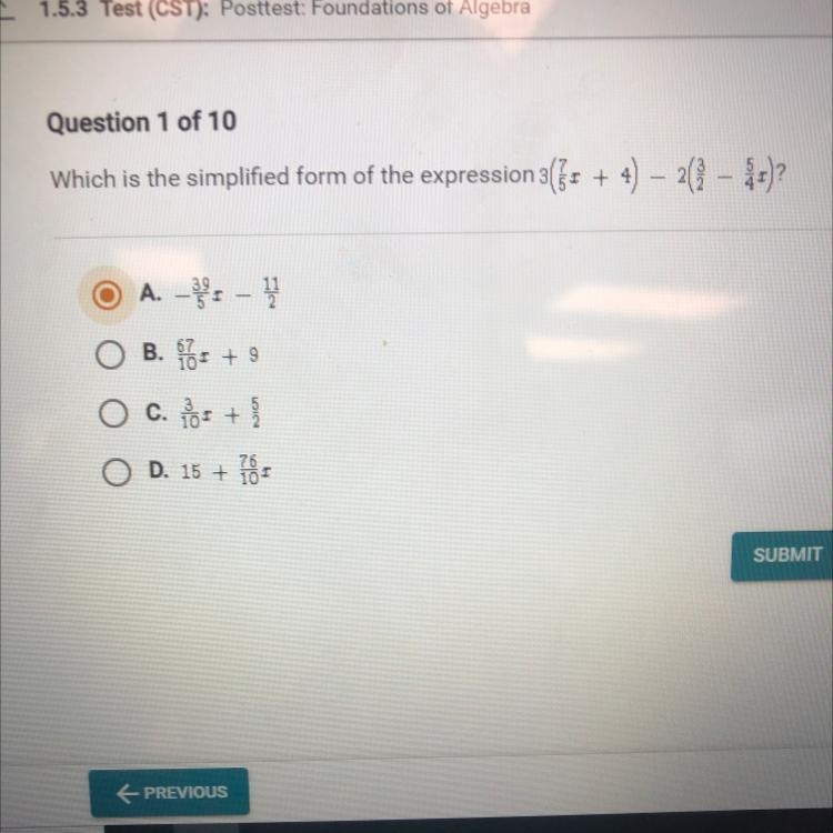 Which is the simplified form of the expression 3(3+4) - 2(3-1)? ²(2 O A. - - O B. 5 + 9 O-example-1